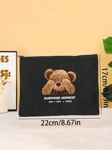 1pc Black & Beige Large Capacity Portable Makeup Bag, Bow, Bear, Cherry Blossom Print, Minimalist & Fashionable, Suitable For Daily Carry, Graduation, Wedding, Back To School, Birthday Gifts