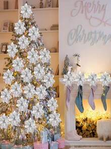 10pcs Shiny Flower Petals Decor, Artificial Poinsettia Flower Wreath, Christmas Tree Decoration, Suitable For Christmas, New Year, Wedding, Party - Multicolor - View 8