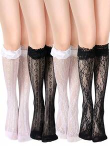 1 Pair Women's Heart Pattern Lace Thigh High Stockings Ruffle Trim Bowknot Over Knee High Socks - Multicolor - View 1