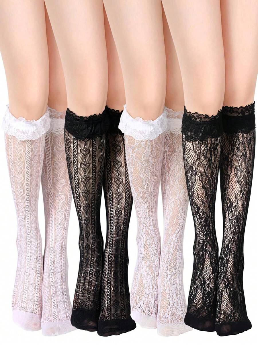 1 Pair Women's Heart Pattern Lace Thigh High Stockings Ruffle Trim Bowknot Over Knee High Socks - Multicolor - View 1