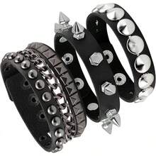Eigso 3 Pcs Leather Punk Bracelets Men Women Of Rock Rivet Wrap Retro Spike Bracelet Adjustable - 黑-7 - 查看 8