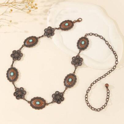 1pc Bohemian Style Black Faux Leather Belt With Antique Bronze Oval Hollow Buckle, Dresses And Casual Wear Fall, Autumn, Halloween