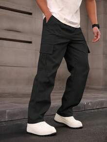 1件青少年男童休闲多功能运动户外多口袋直筒裤，春夏秋季 - 黑色 - 查看 3