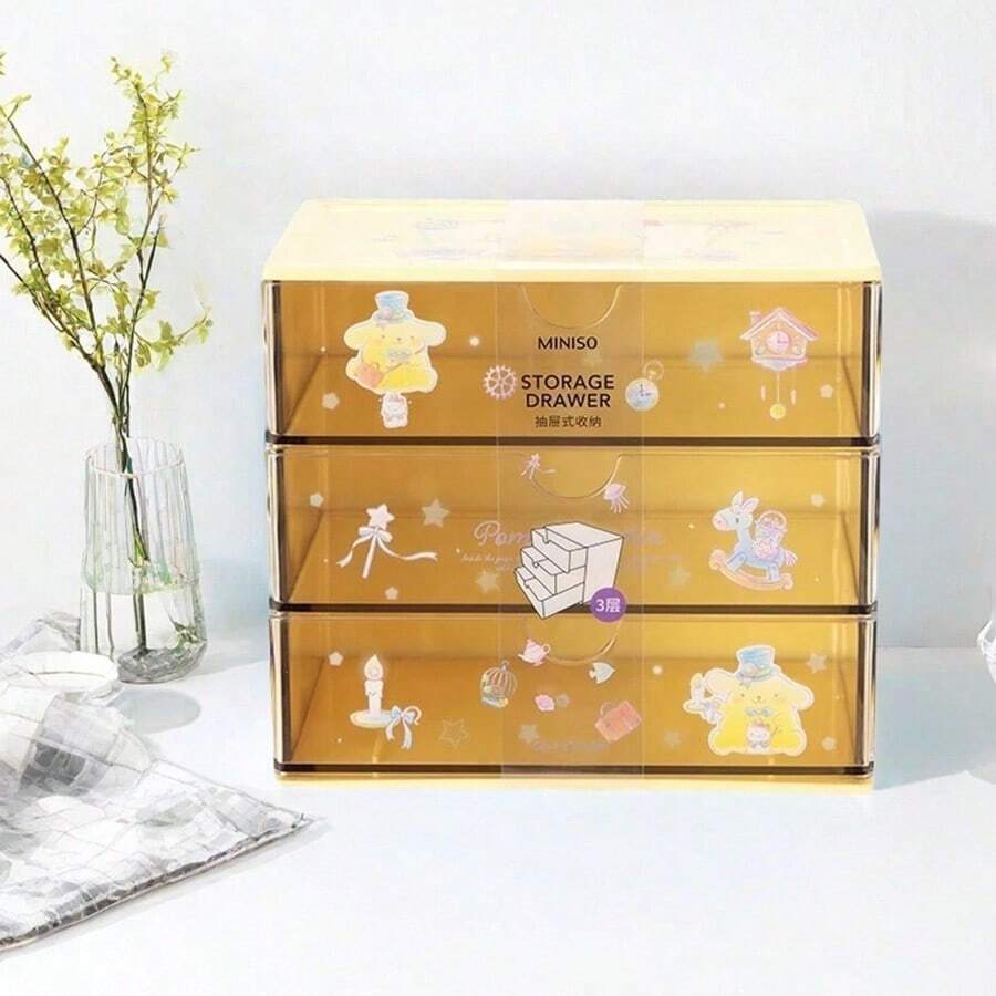 Miniso 名创优品布丁狗多抽屉收纳盒,易拉抽屉,轻巧设计,可爱Hello Kitty/Melody图案,适用于梳妆台、宿舍和旅行收纳(1个) - 黃色 - 查看 1
