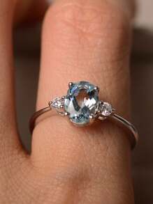 قطعة واحدة من طقم خاتم الخطوبة الأنيق المزين بزركونيا زرقاء فاتحة، إكسسوار رمزي جميل للارتداء اليومي والحفلات، مجوهرات فاخرة