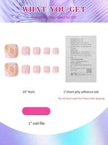 24Pcs Square Toenails Flower Gold Powder White French Tip Press On Nail Short Almonds Perfect Fit Acrylic False Nails Set, Include: 1Jelly Glue And 1 Nail File, Suitable For Women And Girls Daily Life And Party Use Nail Supplies Nails - View 5