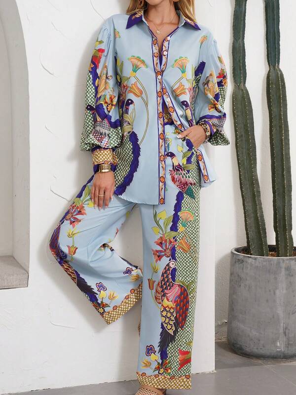 Tuta da donna di moda, ampia, per primavera/autunno, composta da top e pantaloni a zampa d'elefante