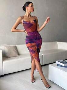 Vestido de noche de mujer, vestido con estampado tie dye de nudos, escote pronunciado, tirantes finos, dobladillo asimétrico, diseño sin espalda - Multicolor - Ver 5