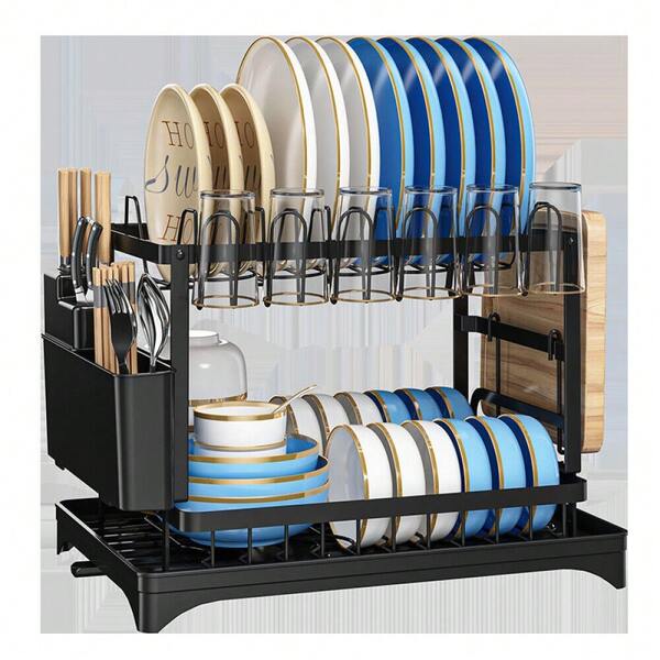 2 Tier Dish Drying Rack Anti Rust, Multifunctional, Space Saving, Easy Clean Design With Drainboard And Drip Line Perfect For Kitchen And Apartment Countertop Organization, Storage, And Accessories
