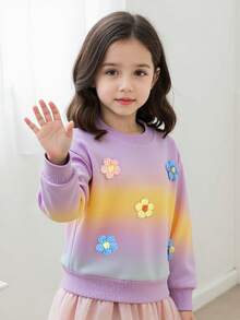 Sudadera de manga larga con cuello redondo, decoración floral 3D y degradado de arcoíris para niñas - Púrpura malva - Ver 5