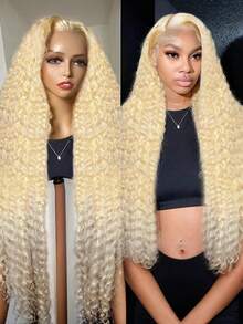 613 13x4 Curly Human Hair Wigs 200 Density HD Lace Front Wigs Human Hair Pre Plucked For Women Deep Wave Glueless Wigs Human Hair Blonde Wigs With Baby Hair 40inch - 613 - Xem 7