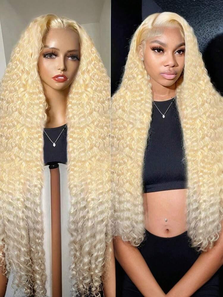 613 13x4 Curly Human Hair Wigs 200 Density HD Lace Front Wigs Human Hair Pre Plucked For Women Deep Wave Glueless Wigs Human Hair Blonde Wigs With Baby Hair 40inch - 613 - 查看 7