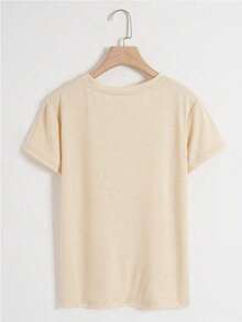 万圣节圣诞夜惊魂休闲南瓜蝴蝶结蕾丝印花圆领短袖女式T恤 - 淺杏色 - 查看 3