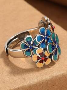 1 pieza Anillo ajustable abierto de estilo bohemio vintage con esmalte cloisonné floral, adecuado para uso diario de mujer, regalo de cumpleaños para familia y amigos (el color hecho a mano puede diferir ligeramente de la imagen) - Plata antigua - Ver 6