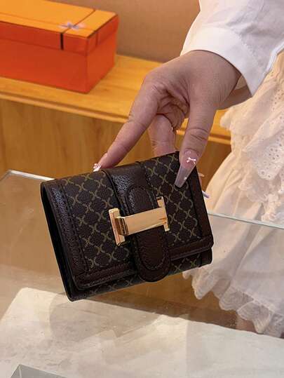 三折女士翻盖按扣短款棕色几何印花经典多卡位防盗银行卡夹公交卡夹复古短款钱包女士钱包迷你钱包钱包小钱包可爱钱包