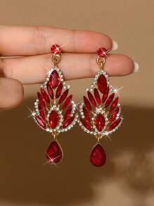 2 件欧美时尚水晶吊坠耳环，女士长款闪亮奢华方晶锆石耳环，新娘婚礼耳环