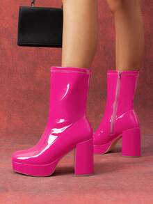 Women's Chunky Platform Mid-Calf Boots Waterproof Square Toe Fashionable Lightweight Comfort Elegant Bright Solid Color Side Zipper Classic For Parties Dress Festival Ankle Go Go Hot Pink Boots - Màu Hồng Tươi - Xem 4