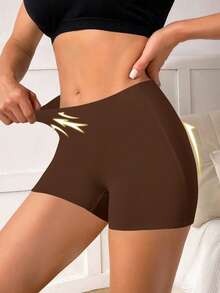 无缝弹力短裤，丝滑冰丝不走光短裤，防摩擦舒适不卷边女士内裤，女士内衣，女士三角裤，适合春夏穿着 - 棕色 - 查看 3