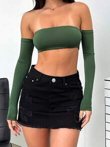 女士黑色高腰修身破洞牛仔迷你裙,性感毛边紧身裙,适合夜店和街头穿着 - 黑色 - 查看 6