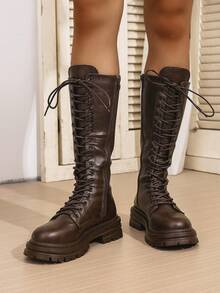 新款女士棕色休闲户外纯色简约西部风格仿PU皮鞋面舒适内里系带侧拉链复古防滑厚底中筒靴，春秋季，派对 - 棕色 - 查看 5