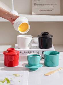 1 Set Ceramic Round Butter Dish With Lid & Wooden Spoon, Nordic Style Minimalist Solid Color Ceramic Butter Pot, Cheese Storage Container, Kitchen & Dining Ceramic Butter Dish With Lid & Wooden Butter Knife