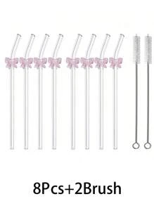 2/4/8Pcs Cartoon Glass Straws With Pink Bow/Butterfly/Heart/Large Bow Shaped, Tear-Resistant And Reusable Drinking Straws With Cleaning Brushes, For Cold Drinks, Milk Tea, Coffee, Juice, Smoothies, Kitchens, Restaurants, Cocktail Parties, Back-To-School, Girlfriends/Boyfriends, Parents, Friends, Holiday Supplies, Halloween, Thanksgiving, Christmas.
