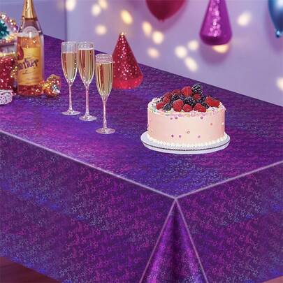 54*108inch Purple Laser Shiny Star Disposable Rectangular Plastic Tablecloth, Suitable For Indoor And Outdoor Birthday, Wedding, Anniversary, Bachelorette Party Decoration, Party Tablecloth