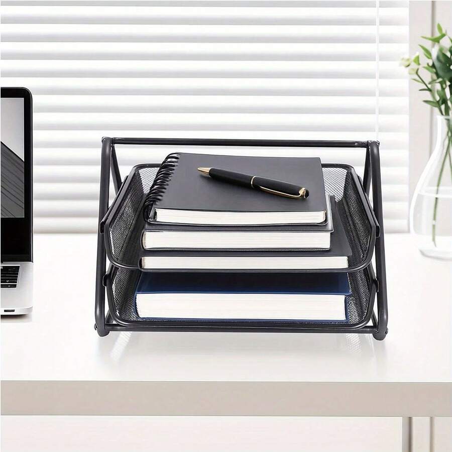 2 Tier Paper Tray Mesh Desk Organizer Office Desktop Document A4 File Desk Tidy Letter Filing Storage - Variant - View 1