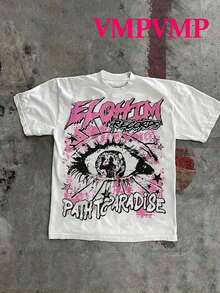 (Double Sided Printing)  Pink Eyes  Printed 100% Pure Cotton Fabric - Comfortable And Vibrant Summer Street Style Short Sleeved T-Shirt, Cool Design Retro Summer Men's Daily Wear T-Shirt - trắng - Xem 1