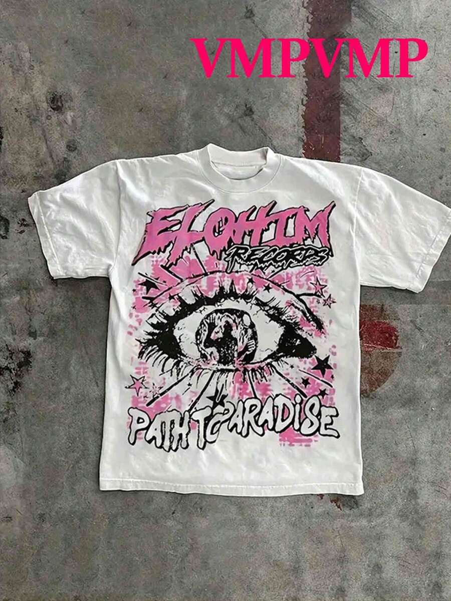 (Double Sided Printing)  Pink Eyes  Printed 100% Pure Cotton Fabric - Comfortable And Vibrant Summer Street Style Short Sleeved T-Shirt, Cool Design Retro Summer Men's Daily Wear T-Shirt - trắng - Xem 1