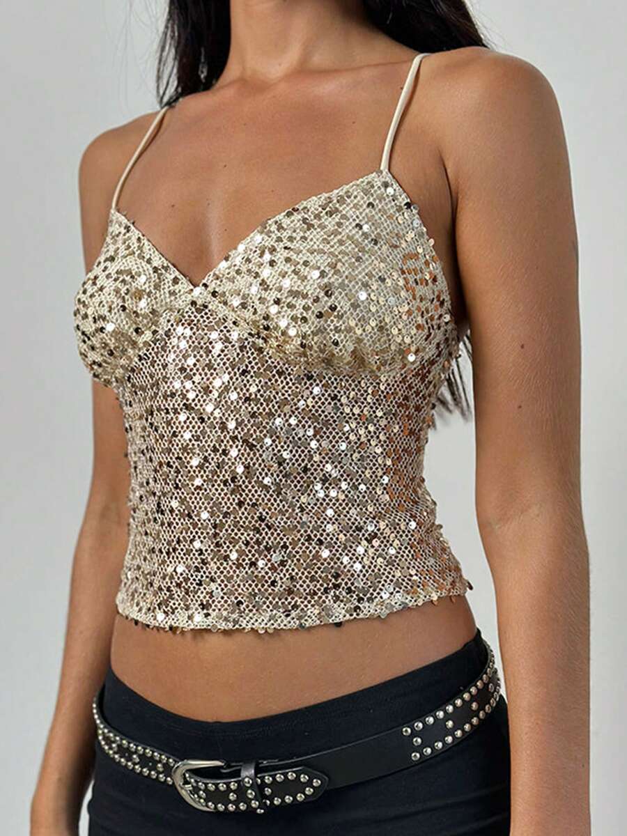 Women's Summer Sequined Camisoles Spaghetti Strap Stylish Sparkly V Neck Crop Tank Tops - Gold - View 1