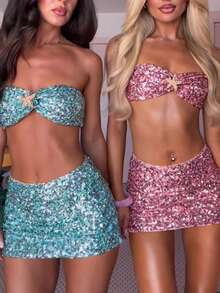 Women Sequin Sparkly Mini Skirt Set Y2K Starfish Shiny Bra Tops And Low Rise Bodycon Mini Skirt Set Summer Glitter Going Out Club Suit - 綠色 - 查看 6