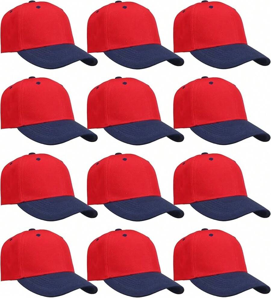Bulk Lot 12-Pack Adjustable Size Plain Blank Solid Color Baseball Caps - Red/Navy - View 1