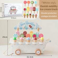 Expositor de madera en forma de carrito de helados, helados/paletas danesas nobles, juguete educativo de juego de roles para niños - Multicolor - Ver 14