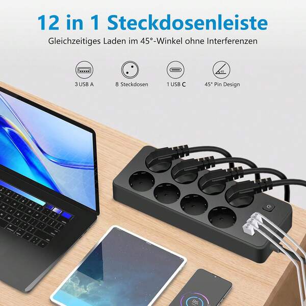 EU Multifunktionale Tisch-Ecksteckdose mit Zugringstecker, 8AC+3USB+1Type-C intelligenter Stromversorgungsschalter,Steuerschalter, Überspannungsschutz, 2200W/10A 1.8 Meter langes Stromverlängerungskabel für Zuhause und Büro