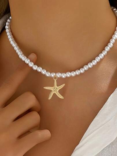 1pc Summer Minimalist Vacation Ocean Style Pendant Necklace For Women, Fashionable Elegant Faux Pearl Starfish Pendant Clavicle Chain, Versatile Daily Accessory