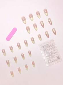 24 件杏仁色法式按压指甲，带蕾丝蝴蝶结和仿珍珠装饰，柔软全覆盖时尚设计，适合派对、约会和日常佩戴美甲用品