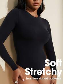 1件装女士无缝黑色圆领长袖连体衣，性感塑身连体衣，收腹、束腰、塑形 - 黑色 - 查看 3