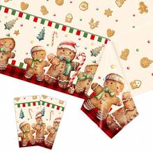 1 pieza Mantel de plástico con tema navideño, 137*220cm Cubierta de mesa para fiesta de Navidad - Diseño de hombrecillo de jengibre y árbol de Navidad | Mantel de plástico desechable, decoración de mesa de comedor navideña, decoración navideña