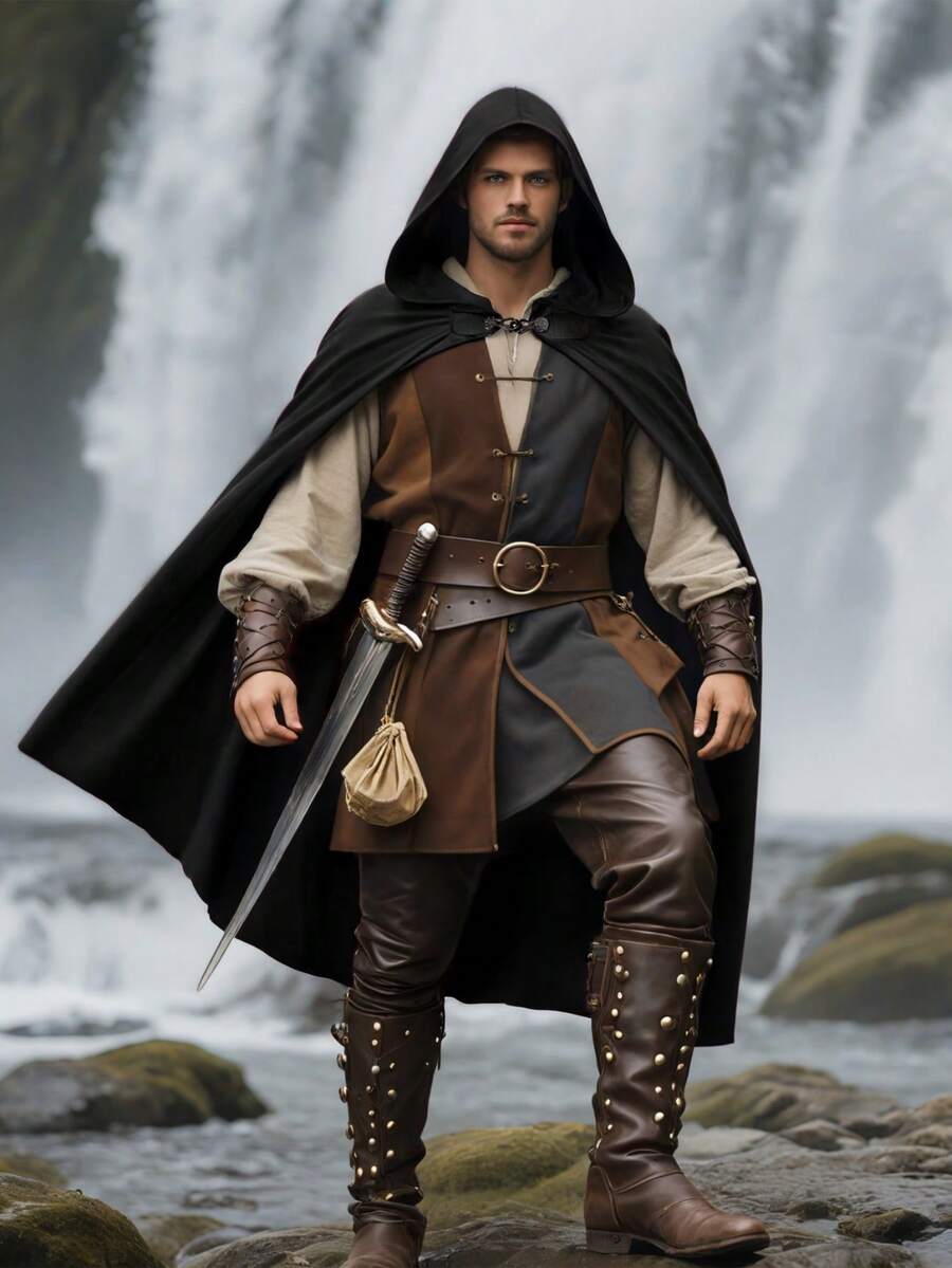 Medieval Hooded Cloak Renaissance Cape For Men And Women Halloween Costume - 彩色 - 查看 1