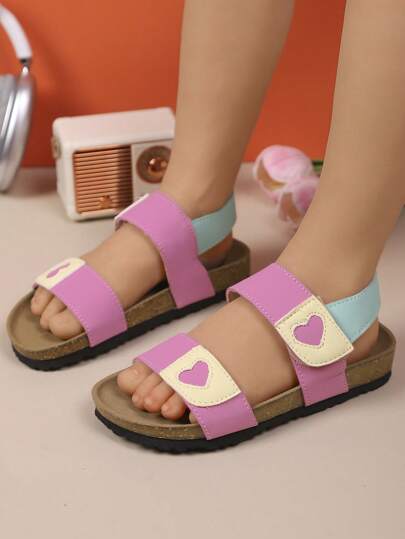 1 Pair Girls' Fashion Flat Sandals, Colorful Heart Decor, Stylish & Versatile, Suitable For Girls Outdoor, Travel, Vacation