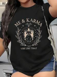 ME For KARMA Women's  Vibe Like That  Graphic T-Shirt - Black Short Sleeve Crew Neck Casual Top With Celestial Cat & Floral Letter Print, Summer Machine Washable Regular Fit Tee, Ladies T-Shirts, - màu đen - Xem 1