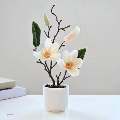 25cm High Magnolia Bonsai High-End Artificial Flowers Creative Indoor Ornaments Green Plants Wholesale Artificial Potted Flowers Plastic 3D Printed Flowers