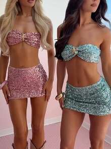 Women Sequin Sparkly Mini Skirt Set Y2K Starfish Shiny Bra Tops And Low Rise Bodycon Mini Skirt Set Summer Glitter Going Out Club Suit - 綠色 - 查看 4