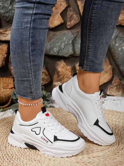 1 Pair Women's Thick Sole Chunky Sneakers, Casual Comfortable Low-Top Lace-Up Platform Shoes