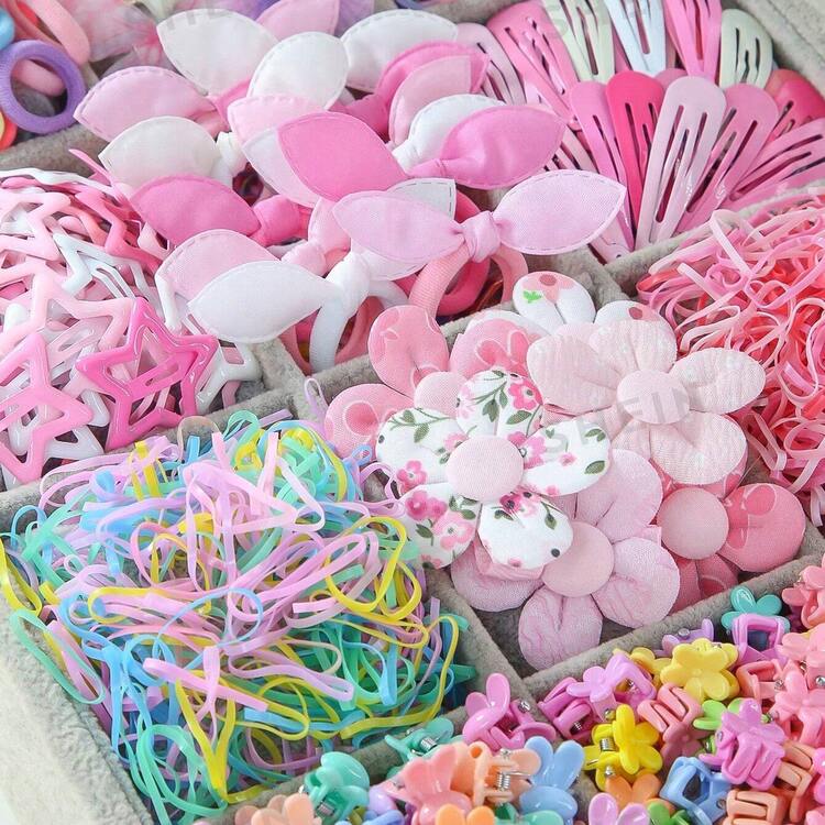 870 件/套女孩蝴蝶结、星星、花朵、网状蝴蝶简约可爱公主发饰弹性发带、发夹、发爪组合套装，适合日常使用和礼物、礼物、蝴蝶结 - 彩色 - 查看 2