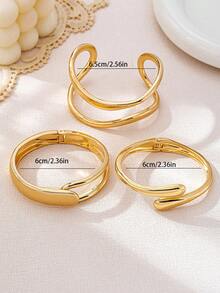 3 件/1 套时尚简约金属金色光滑波浪双层线镂空水滴手镯套装女士 - 金黃色 - 查看 11