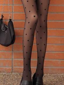 1 Pair 200g Autumn And Winter Simple Tight Weight Loss Pantyhose, Even Size Tights, Warm Tights, Women's Velvet Warm Stockings, High-Waisted Elastic Weight Loss Sexy Semi-Transparent Pantyhose, Tight Underwear, Star Love Polka Dot Bow Multi-Pattern Styles - Black - View 2