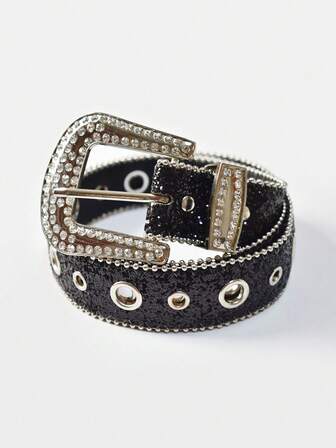 1 Piece Set Ladies Silver Studded With Rhinestones Embellished Luxury Fashion Personalized Sequined Belt Suitable For Jeans