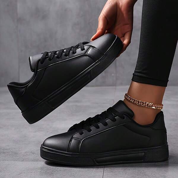 Women's Classic Outdoor Casual Sports Shoes, Solid Black Versatile Fashion Sneakers, Casual Low-Top Ultralight Fiber Shoes, Breathable Mesh Lining, EVA Cushioned Sole, Lightweight & Comfortable, Suitable For All-Day Casual Wear